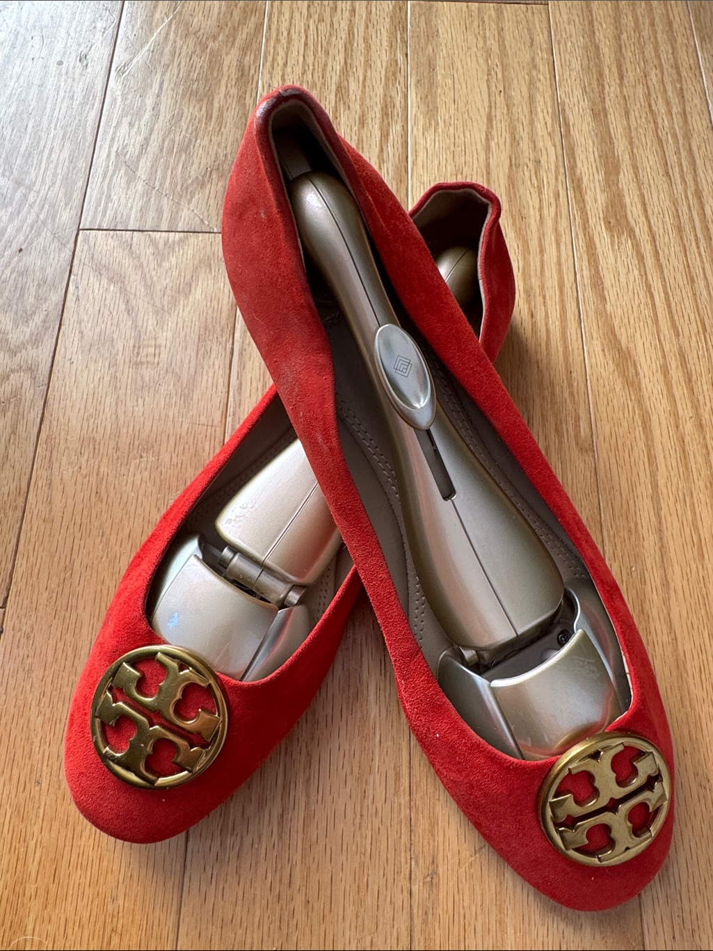 Tory Burch Red Suede Logo Round-Toe Ballet Flats